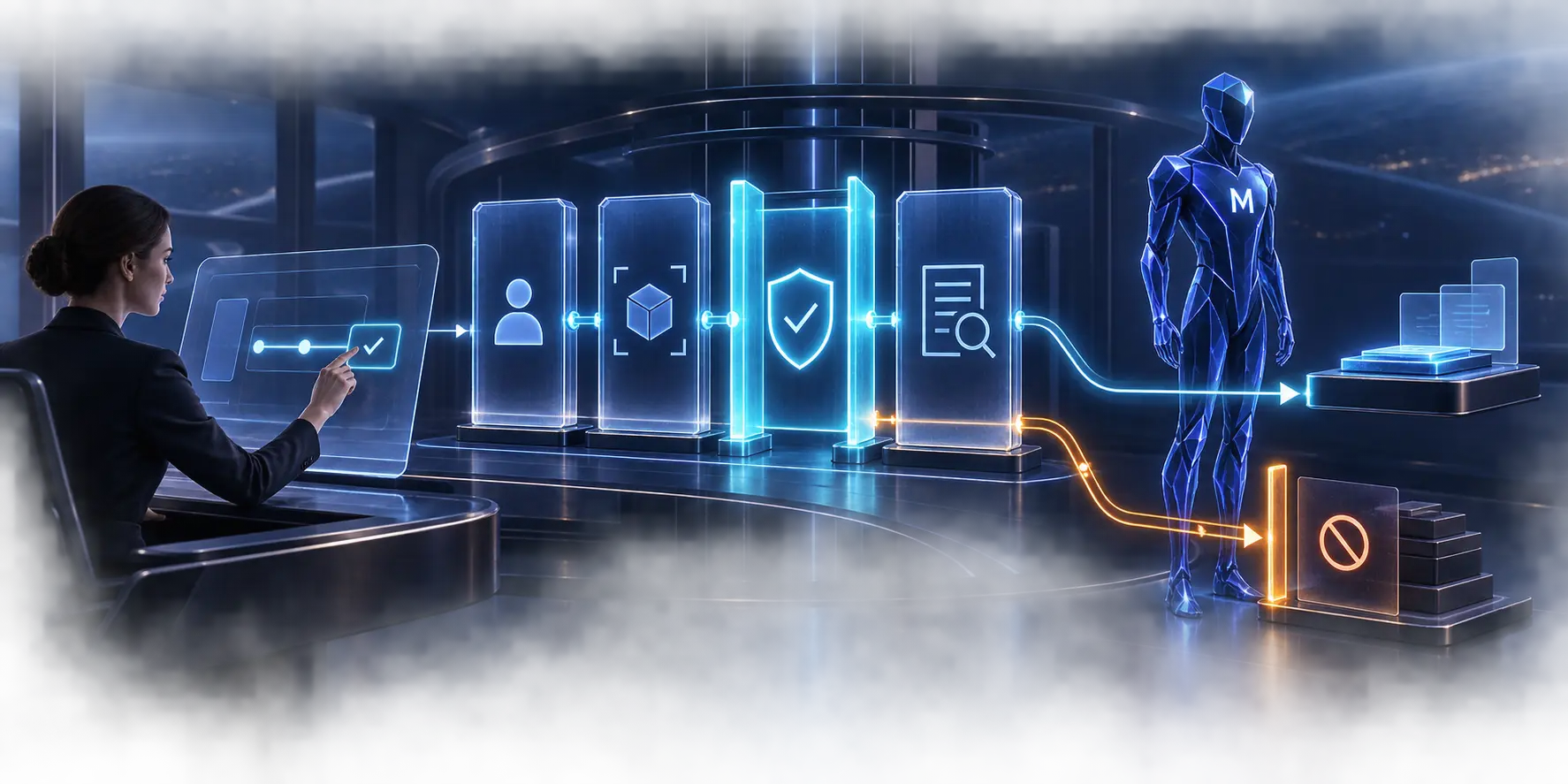 MetaCore Nadzór nad agentami: a person approves operating boundaries; governance gates allow or stop an AI Persona action.
