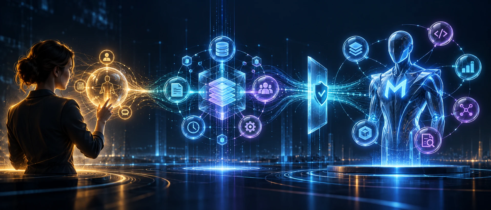 A human profile and reflection map connects through MetaCore OS to an AI Persona with scoped access and task-selected context domains.